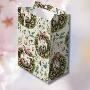 Boxwood Easter Wreath Pink Bow with Egg Medium Gift Bag