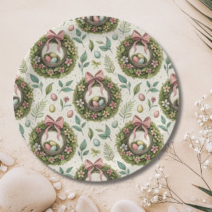 Boxwood Easter Wreath Pink Bow with Egg Paper Plate