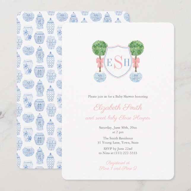 Boxwood Monogram Ginger Jar Girl Baby Shower Party Invitation (Front/Back)