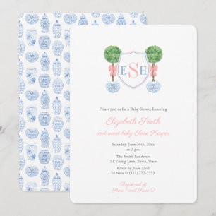 Boxwood Monogram Ginger Jar Girl Baby Shower Party Invitation