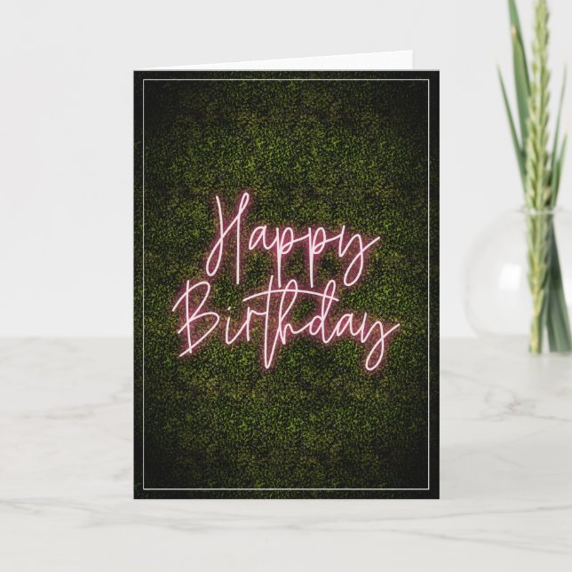 Boxwood Pink Neon Sign Happy Birthday Card (Front)