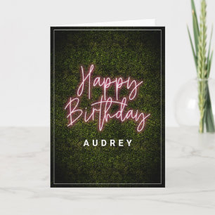 Boxwood Pink Neon Sign Personalised Happy Birthday Card
