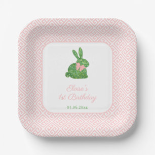 Boxwood Topiary Bunny Baby Girl 1st Birthday Party Paper Plate