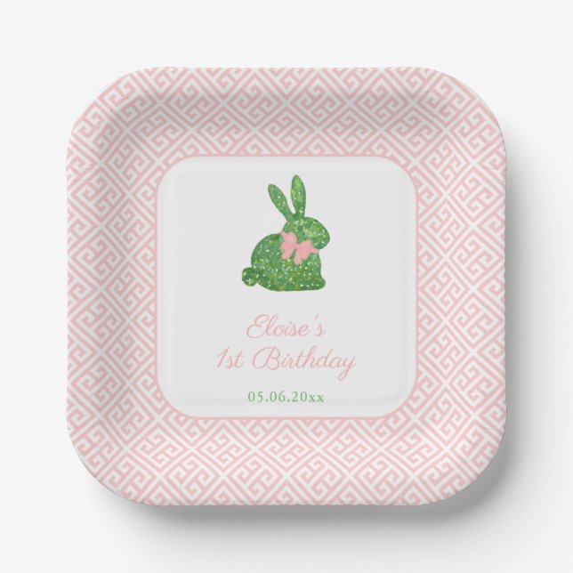 Boxwood Topiary Bunny Baby Girl 1st Birthday Party Paper Plate (Front)