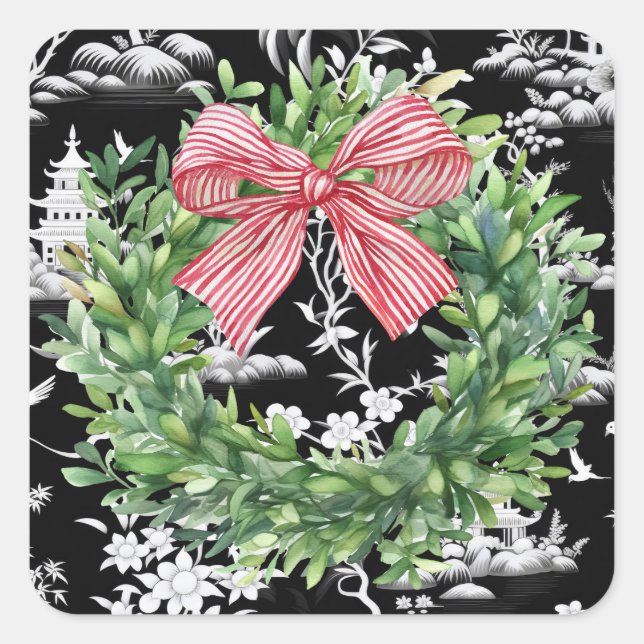 Boxwood Wreath Chinoiserie Bow Square Sticker (Front)