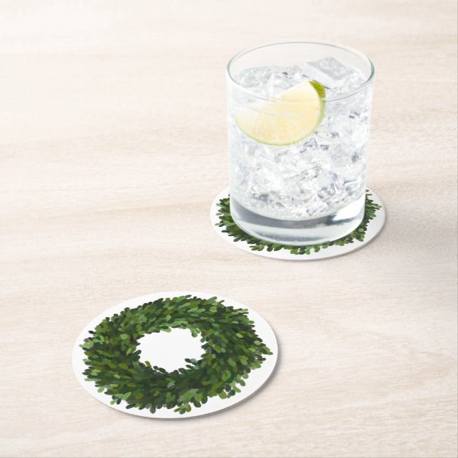Boxwood Wreath Christmas Holiday Round Paper Coaster (Insitu)