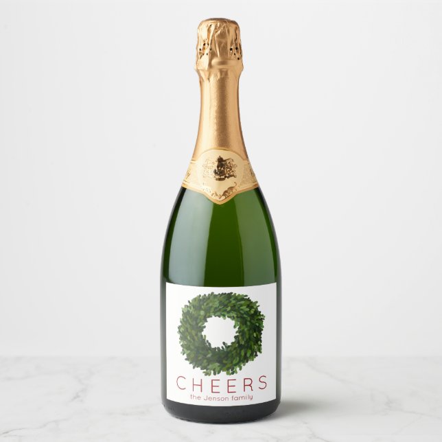Boxwood Wreath Christmas Holiday Sparkling Wine Label (Front)