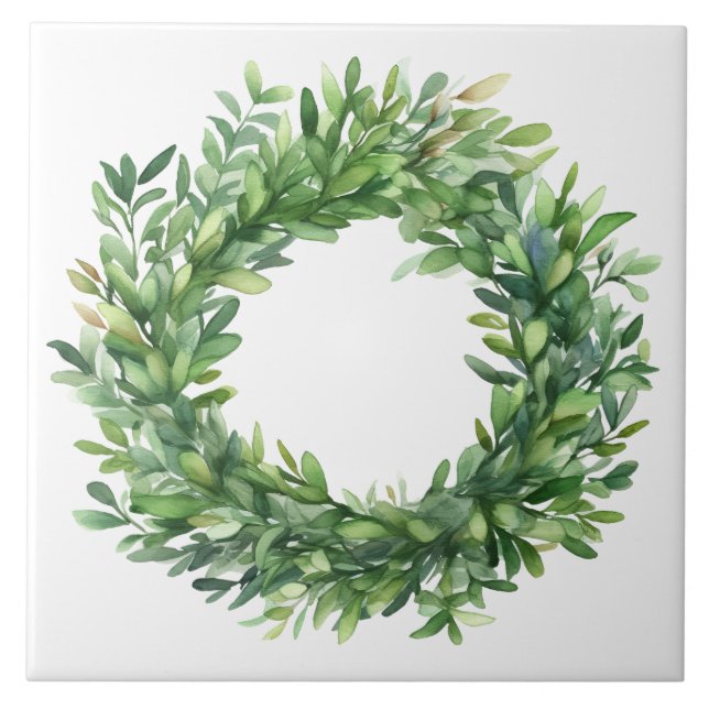 Boxwood Wreath Simple Watercolor Farmhouse Tile (Front)