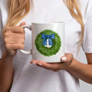 Boxwood Wreath with Blue Bow Ceramic  Coffee Mug