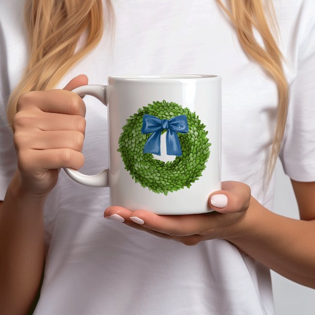 Boxwood Wreath with Blue Bow Ceramic  Coffee Mug (personalized boxwood wreath with blue bow custom name)