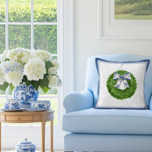Boxwood Wreath with Blue Toile Bow  Cushion