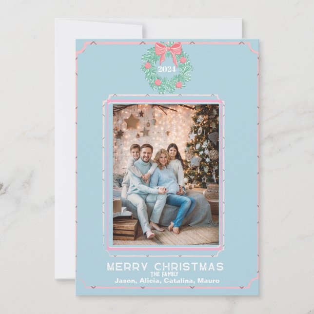 Boxwood Wreath with Pink Bows Holiday Card (Front)