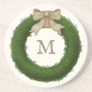 Boxwood Wreath With Rustic Bow Custom Monogram Coaster