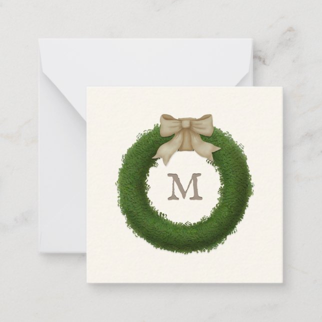 Boxwood Wreath With Rustic Bow Custom Monogrammed Card (Front)