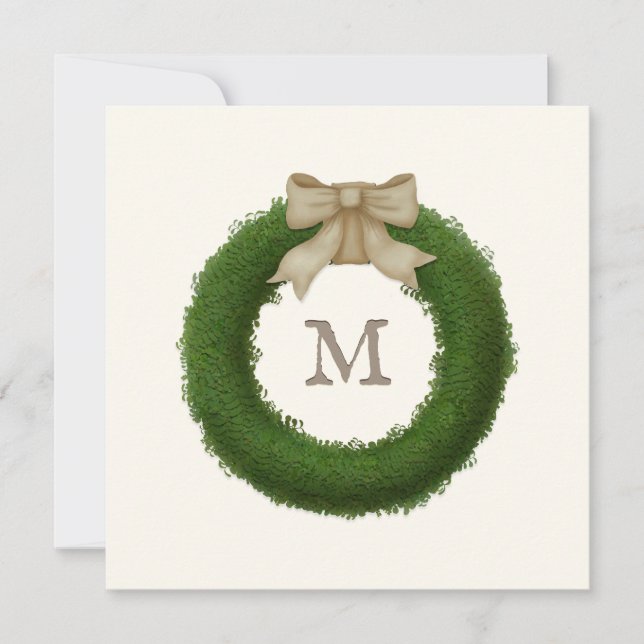 Boxwood Wreath With Rustic Bow Custom Monogrammed Thank You Card (Front)
