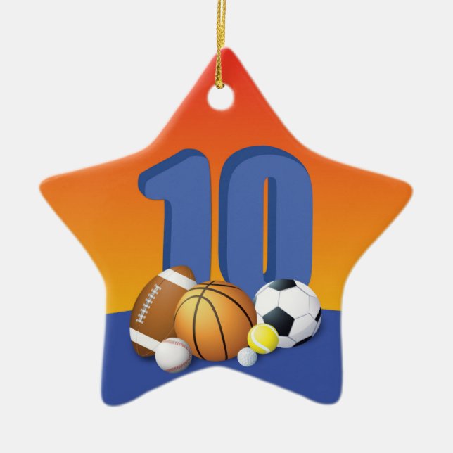 Boy 10th Birthday Sports Balls Ceramic Tree Decoration (Front)