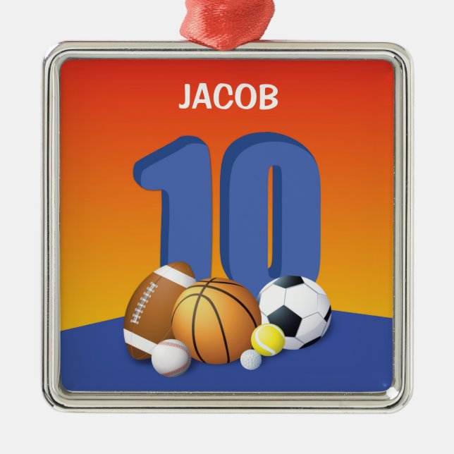 Boy 10th Birthday Sports Balls Metal Tree Decoration (Front)