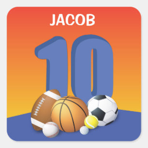 Boy 10th Birthday Sports Balls Square Sticker