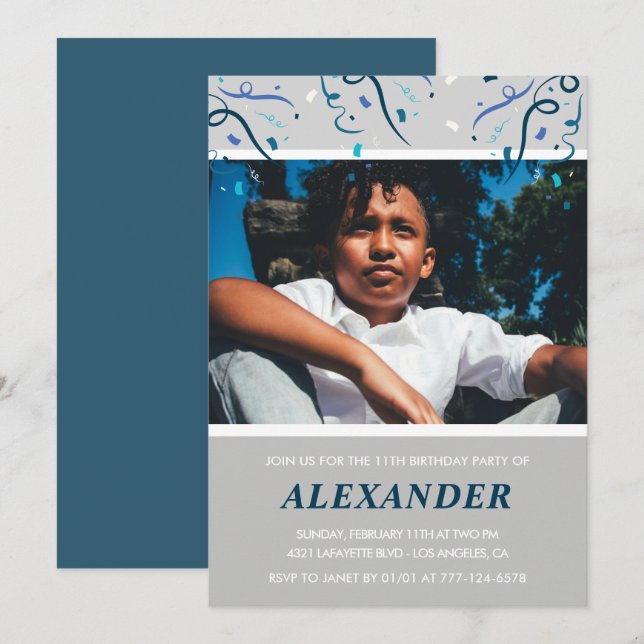 Boy 11th birthday invitations Confetti Photo Navy (Front/Back)