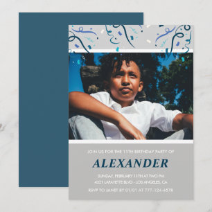 Boy 11th birthday invitations Confetti Photo Navy