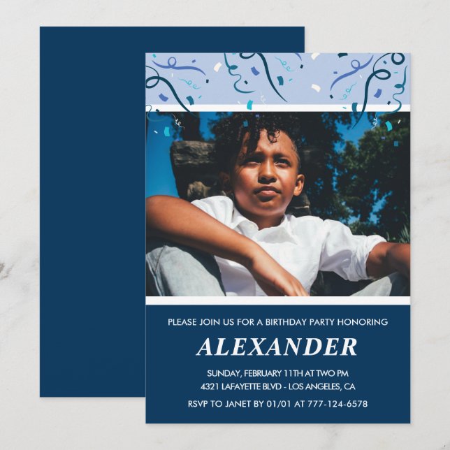 Boy 12th birthday invitations Photo Navy Blue (Front/Back)