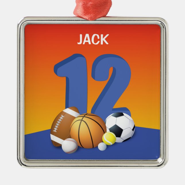 Boy 12th Birthday Sports Balls Metal Tree Decoration (Front)