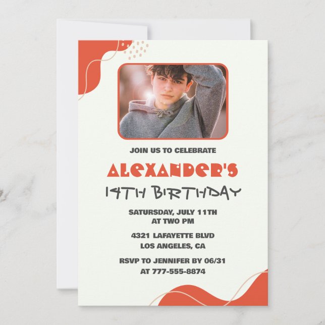 Boy 14th birthday invitations Modern Photo Red (Front)