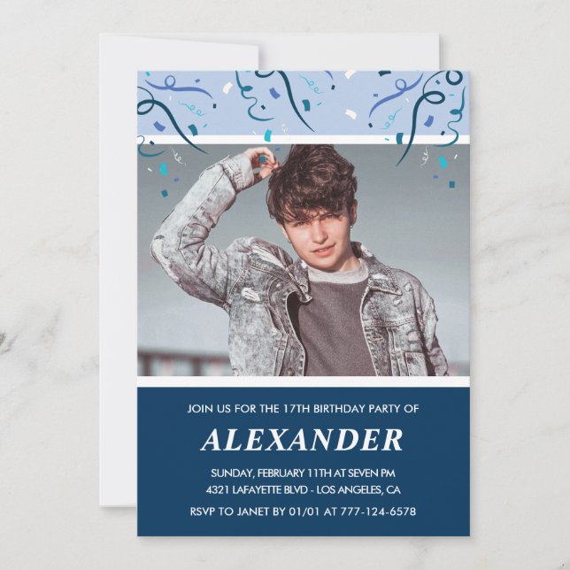 Boy 17th birthday invitations Photo Navy (Front)