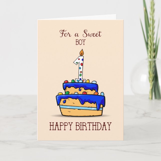 Boy 1st Birthday, 1 on Sweet Blue Cake Card (Front)