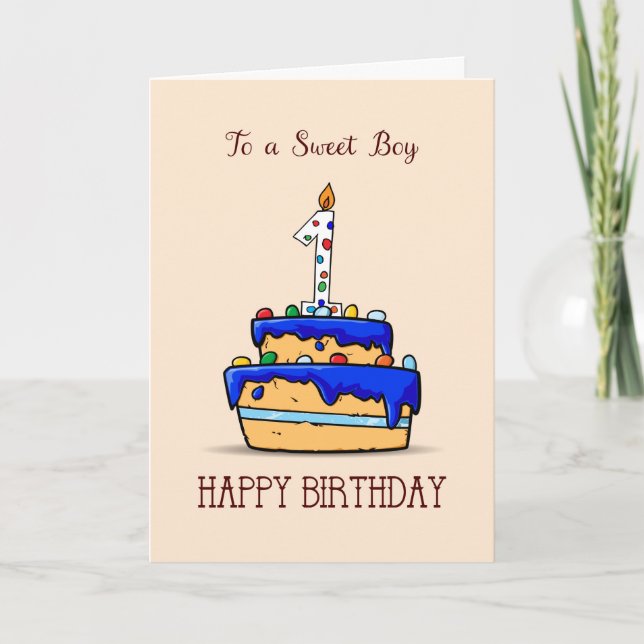Boy 1st Birthday, 1 on Sweet Blue Cake Card (Front)
