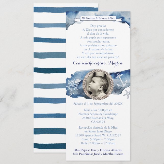 Boy 1st Birthday Baptism Blue Nautical, Spanish Invitation (Front/Back)