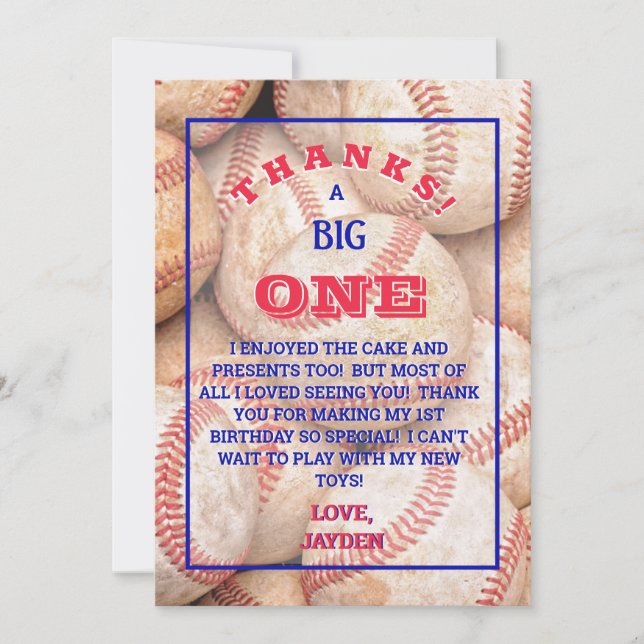 Boy 1st Birthday Baseball Thank You Card (Front)