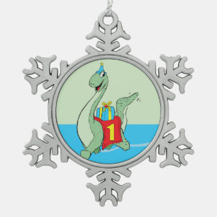 Boy, 1st Birthday Dinosaur Snowflake Pewter Christmas Ornament