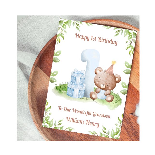 Boy 1st Birthday Greenery Teddy Bear Card (Creator Uploaded)