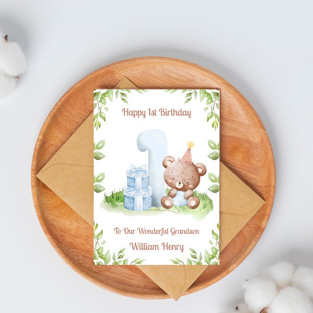Boy 1st Birthday Greenery Teddy Bear Card (Creator Uploaded)