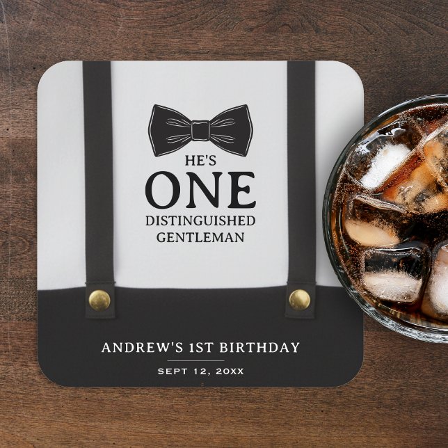 Boy 1st Birthday One Distinguished Gentleman Square Paper Coaster (Creator Uploaded)