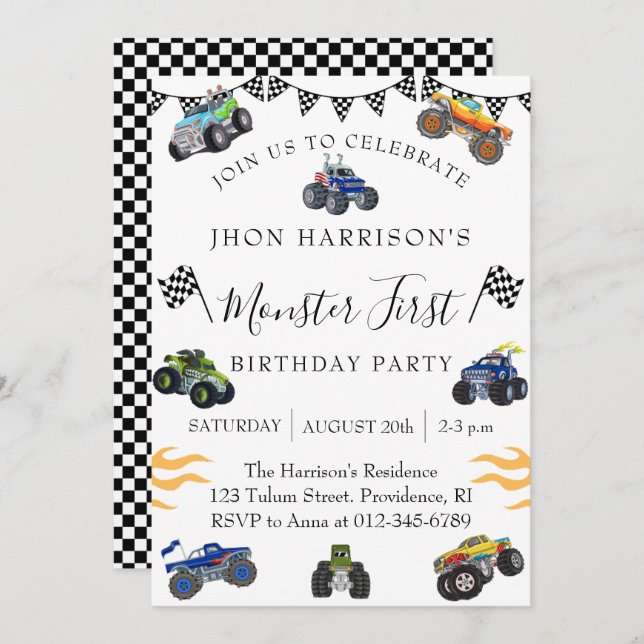 Boy 1st Birthday Party Monster Car  Invitation (Front/Back)