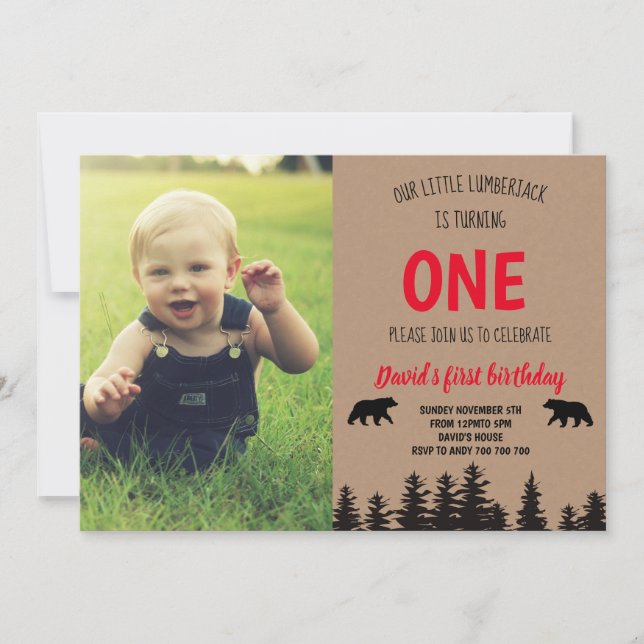 Boy 1st Birthday Photo Invite Lumberjack (Front)