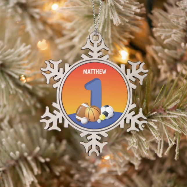 Boy 1st Birthday Sports Balls Snowflake Pewter Christmas Ornament (Tree)