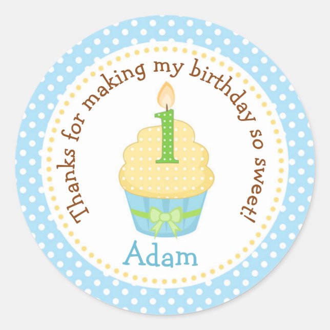 Boy 1st Birthday Thank You Sticker (Cupcake Blue) (Front)