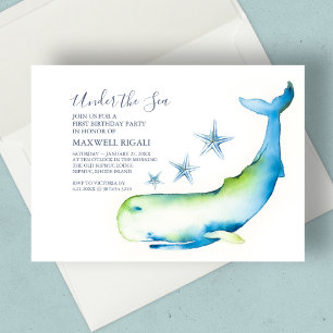 Boy 1st Birthday Watercolor Whale Starfish Invitation