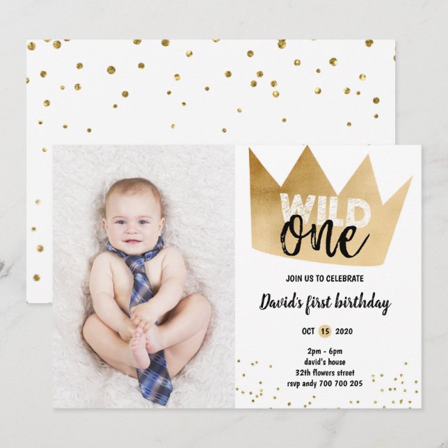 Boy 1st Birthday WILD ONE Gold Foil Crown Photo Invitation (Front/Back)