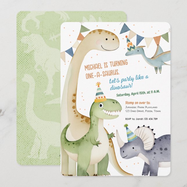 Boy 1st Dinomite Party Cute One-A-Saurus Invitation (Front/Back)