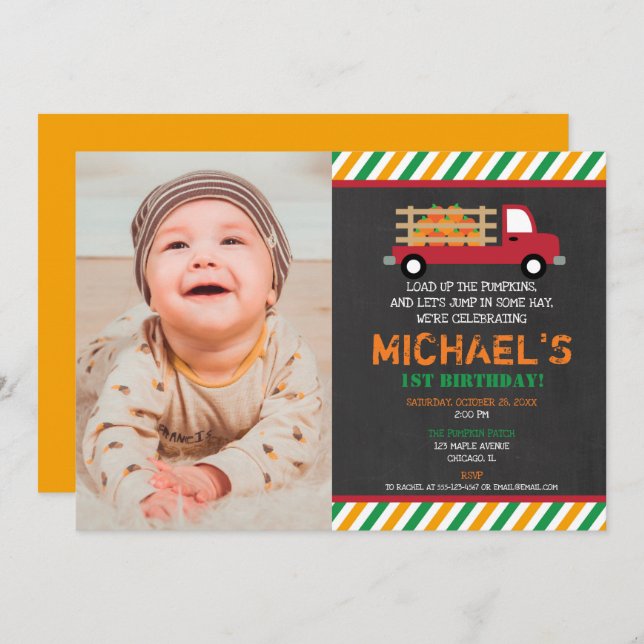 Boy 1st first birthday pumpkin patch halloween invitation (Front/Back)
