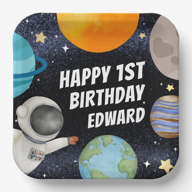 Boy 1st Happy Birthday Planets Space Paper Plate (Front)