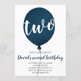 Boy 2nd Birthday Navy Blue Balloon Invitation