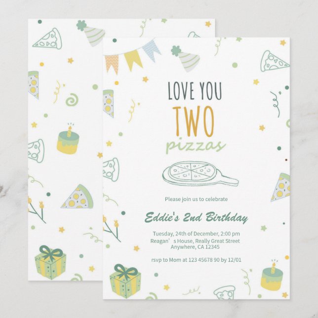 Boy 2nd Birthday Pizza Party Invitation Blue (Front/Back)