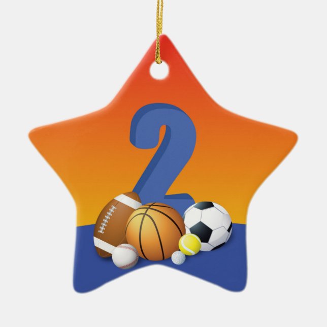 Boy 2nd Birthday Sports Balls Ceramic Tree Decoration (Front)