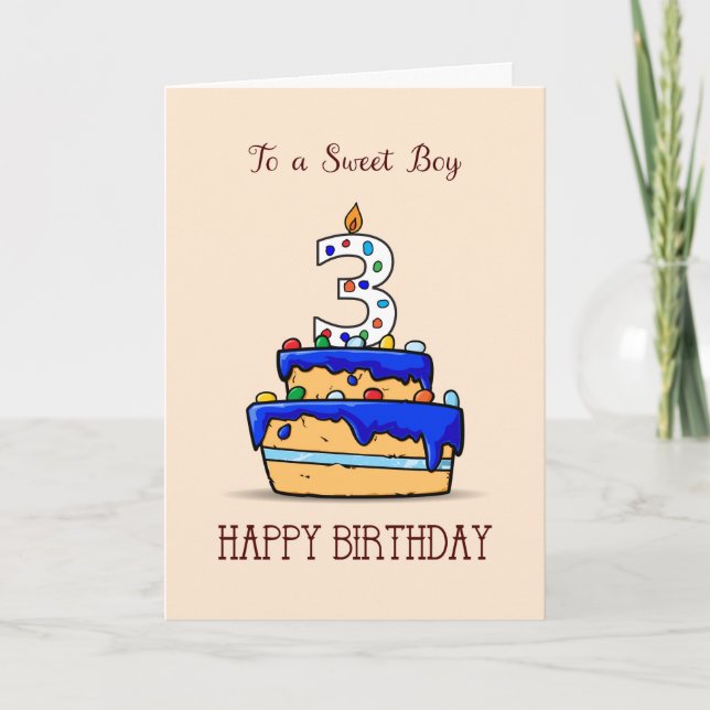 Boy 3rd Birthday, 3 on Sweet Blue Cake Card (Front)