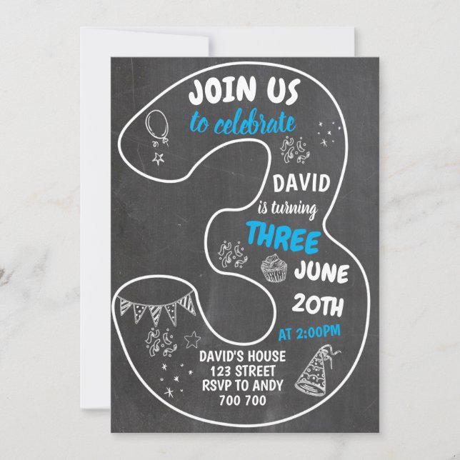 Boy 3rd Birthday Chalkboard Number Blue Invitation (Front)
